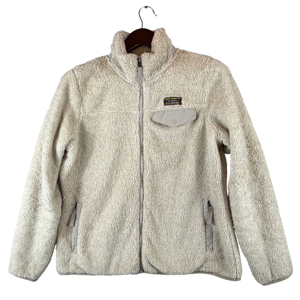 L.L.Bean Women's Hi-Pile Fleece Jacket M Petite Ivory Full Zip Outdoor Hiking